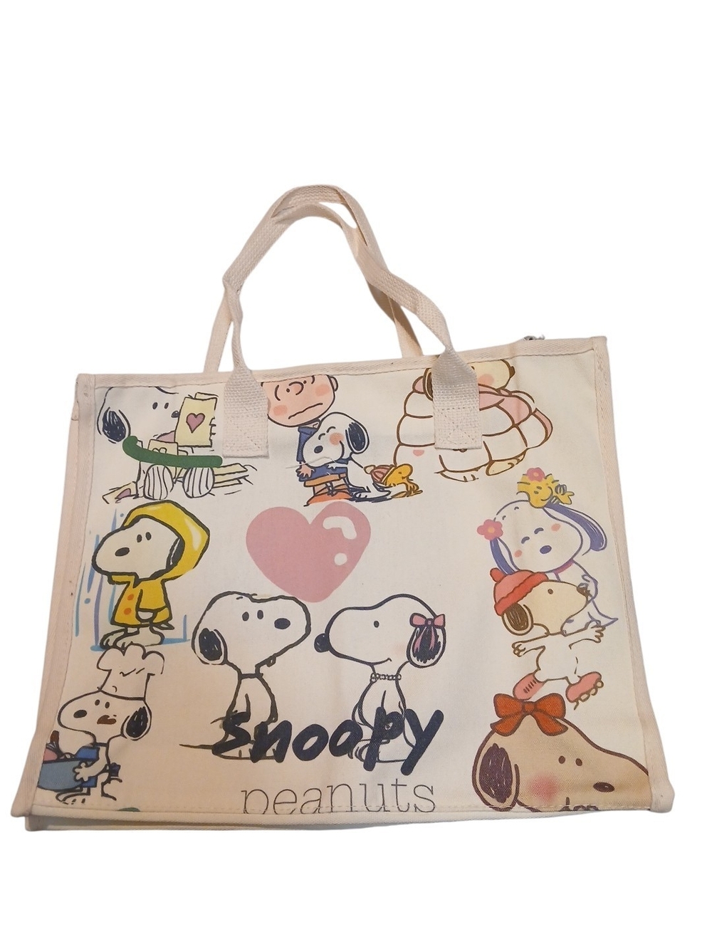 Peanuts -Different Faces of Snoopy on This Large Tote Bag,Inside Pocket, 14 X 11